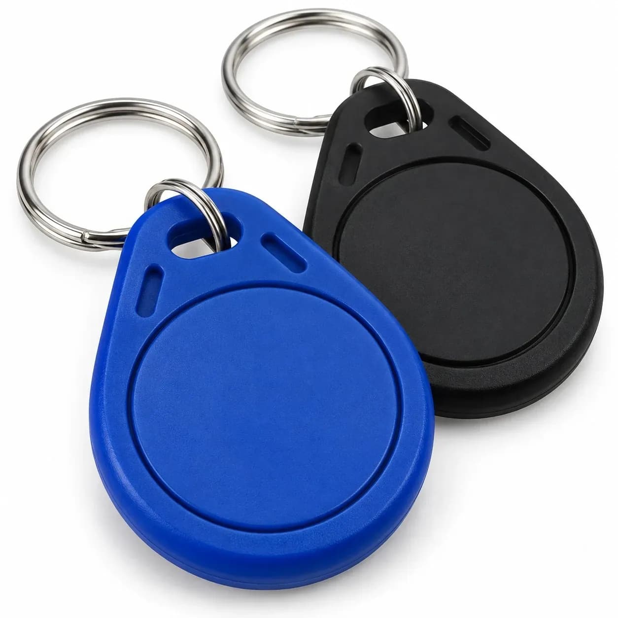 Blue and black teardrop ABS RFID key fobs on split rings