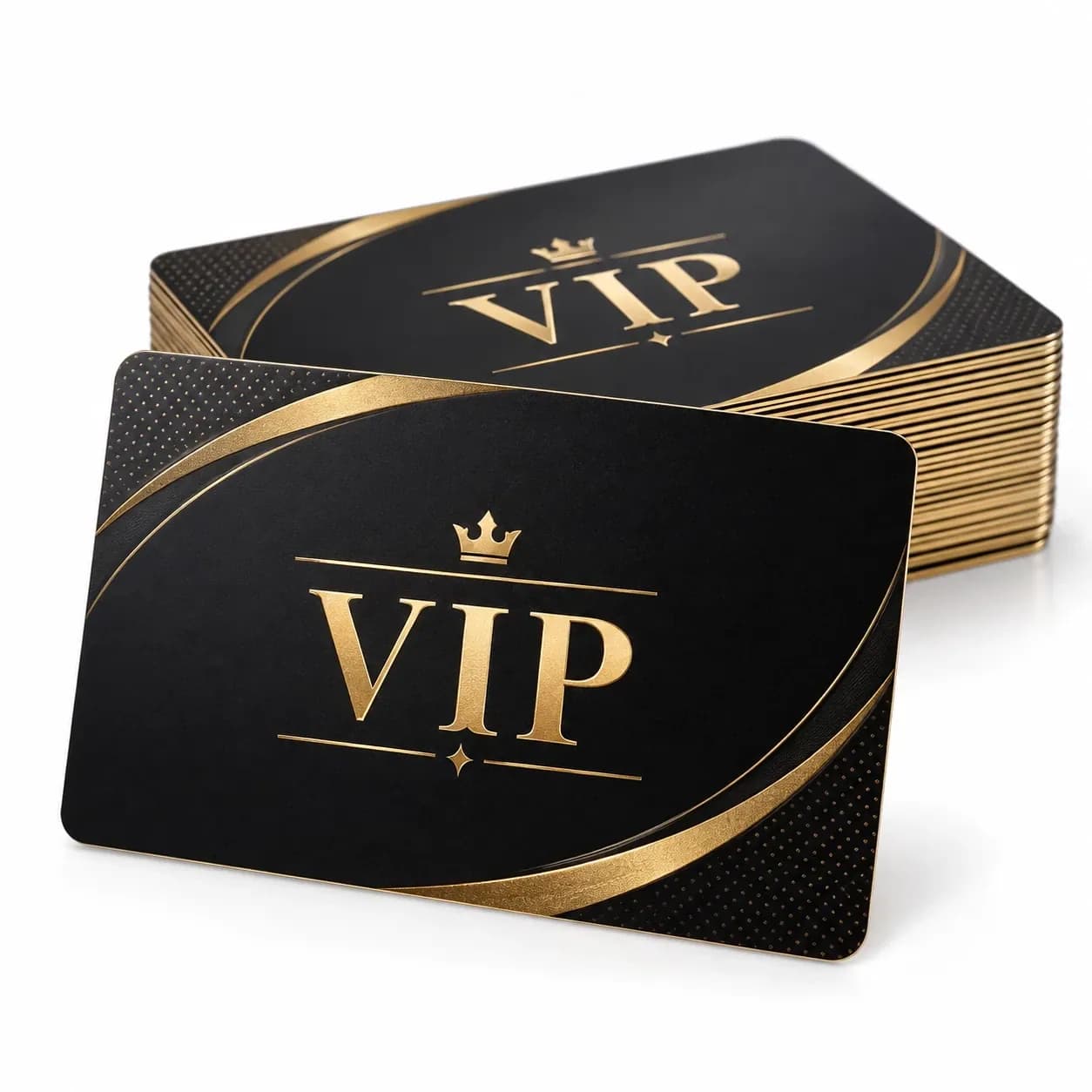 Black VIP card with gold foil and a crown, in front of a stack with gold edges