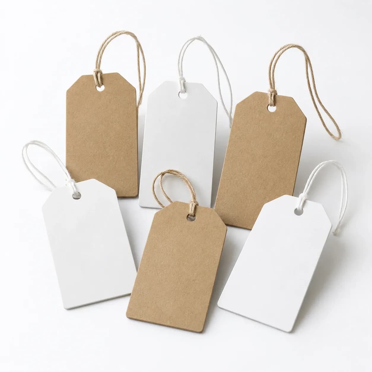 White and kraft RFID hang tags on white and natural strings
