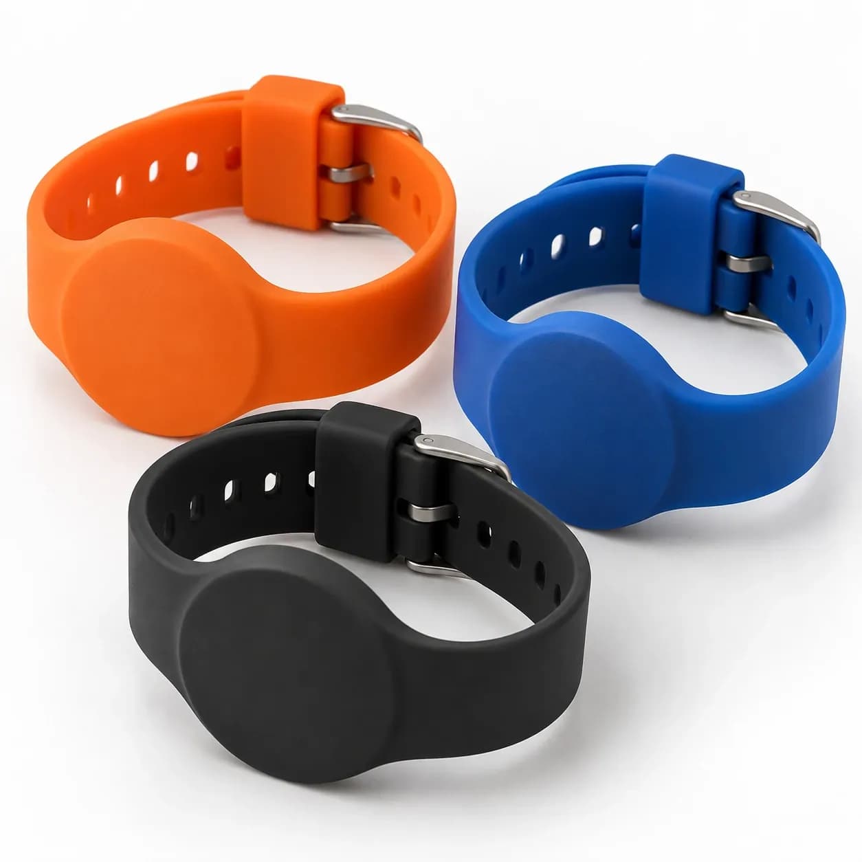 Orange, blue and black adjustable silicone RFID wristbands with steel buckles