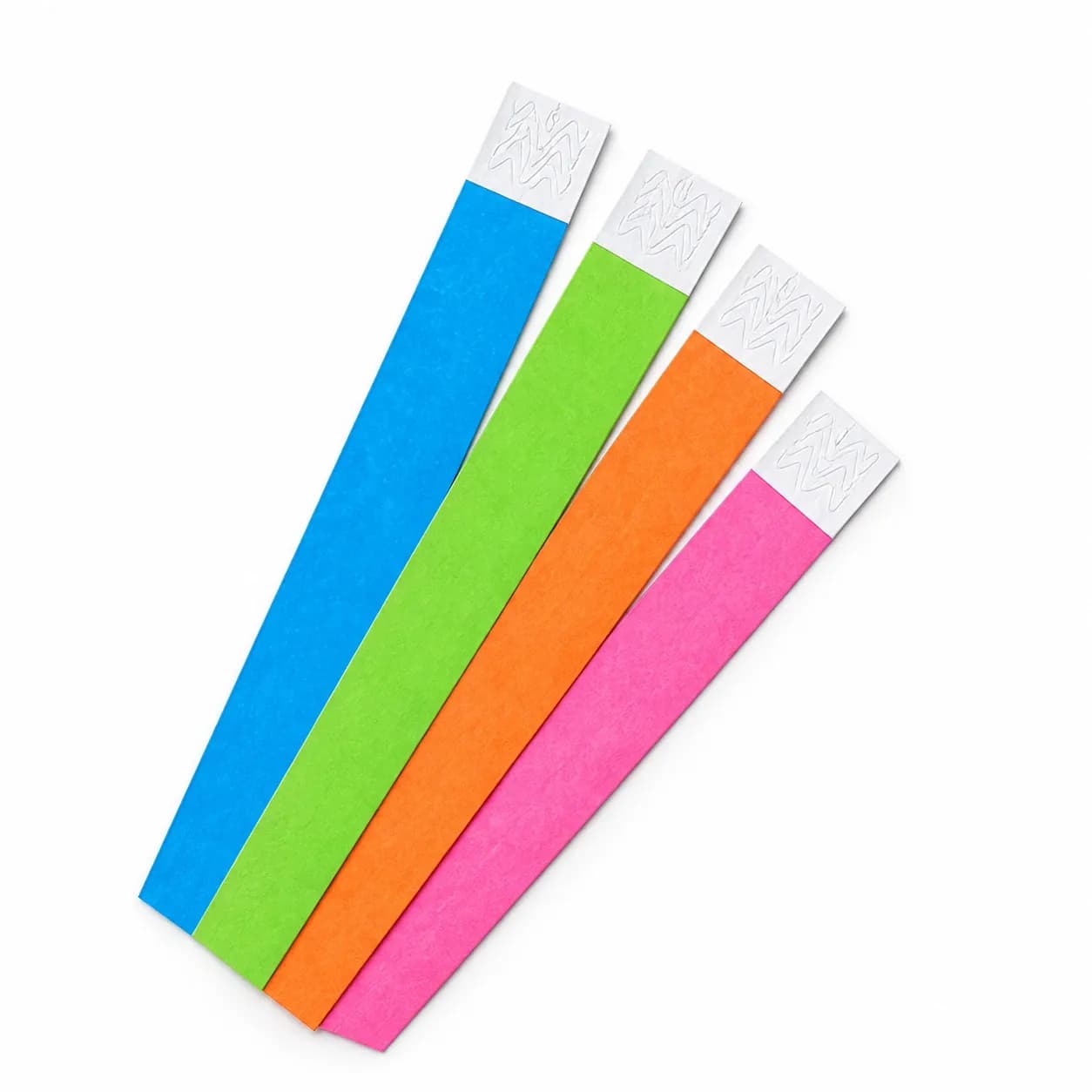 Blue, green, orange and pink single-use paper wristbands fanned out with adhesive tabs