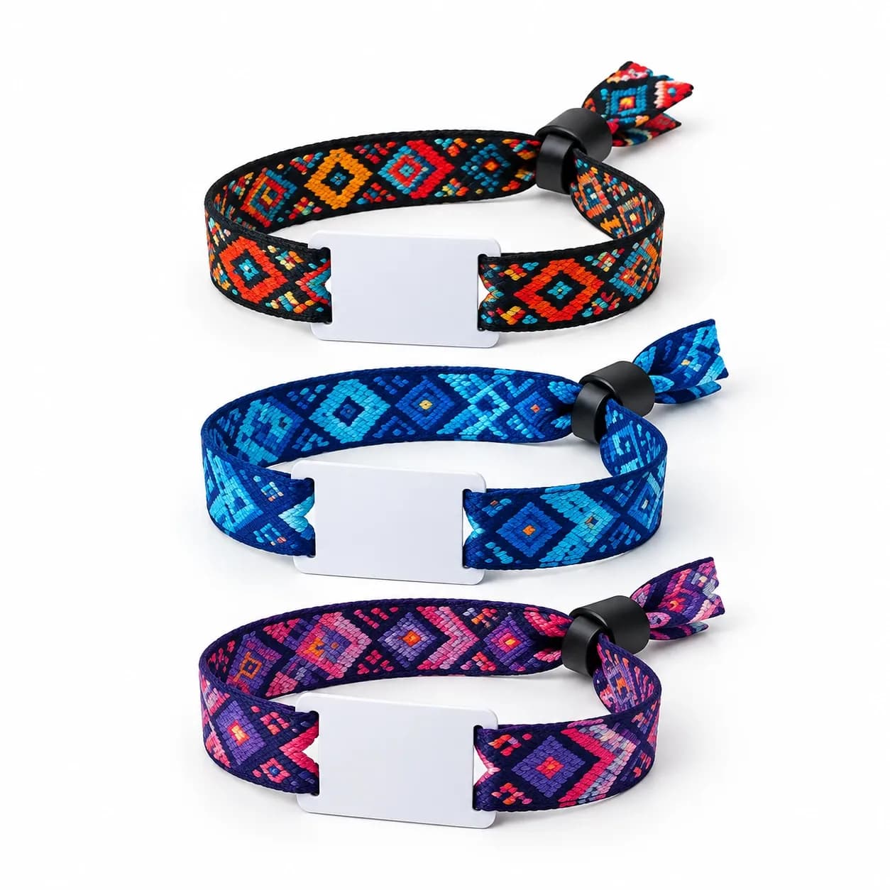 Three woven fabric RFID wristbands in orange, blue and purple diamond patterns with white card tags and black sliders