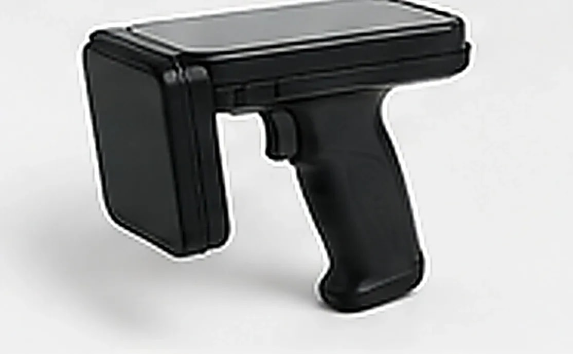 Black handheld RFID reader with a pistol grip and screen
