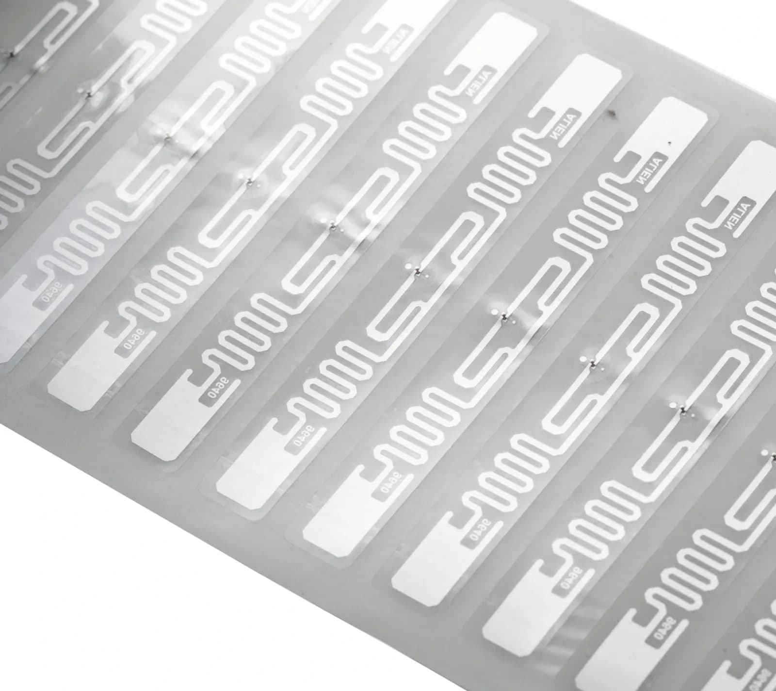 Strips of UHF RFID inlays showing the antennas