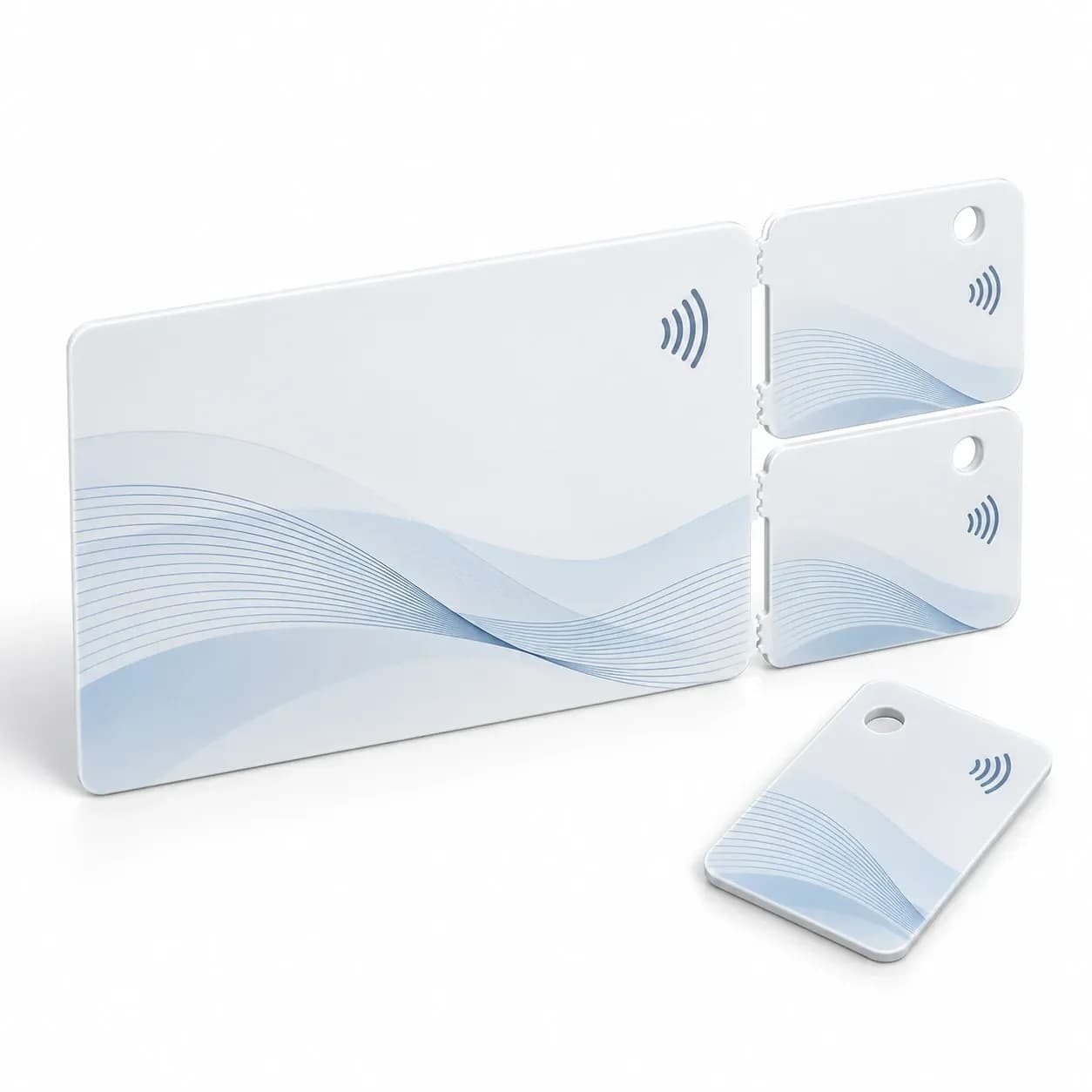 Combo card with two snap-off key tags, one detached