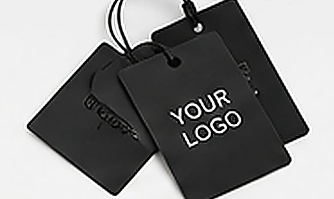Black RFID hang tags on strings printed with YOUR LOGO